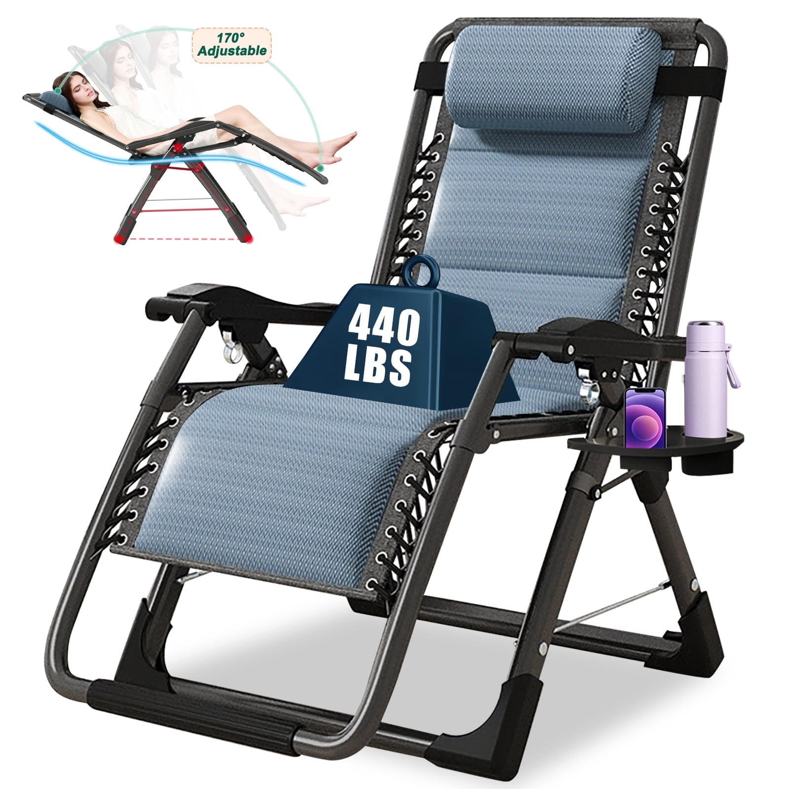 Slsy Ice Silk Zero Gravity Chair with Detachable Headrest and Cup Holder, Blue